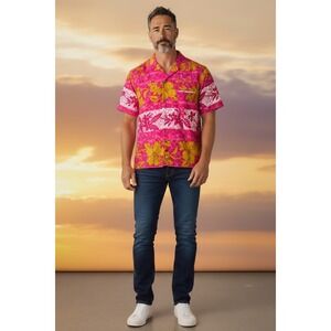 Iolani Mens Hawaiian Shirt Medium Pink Gold Tropical Hibiscus Floral Made Hawaii